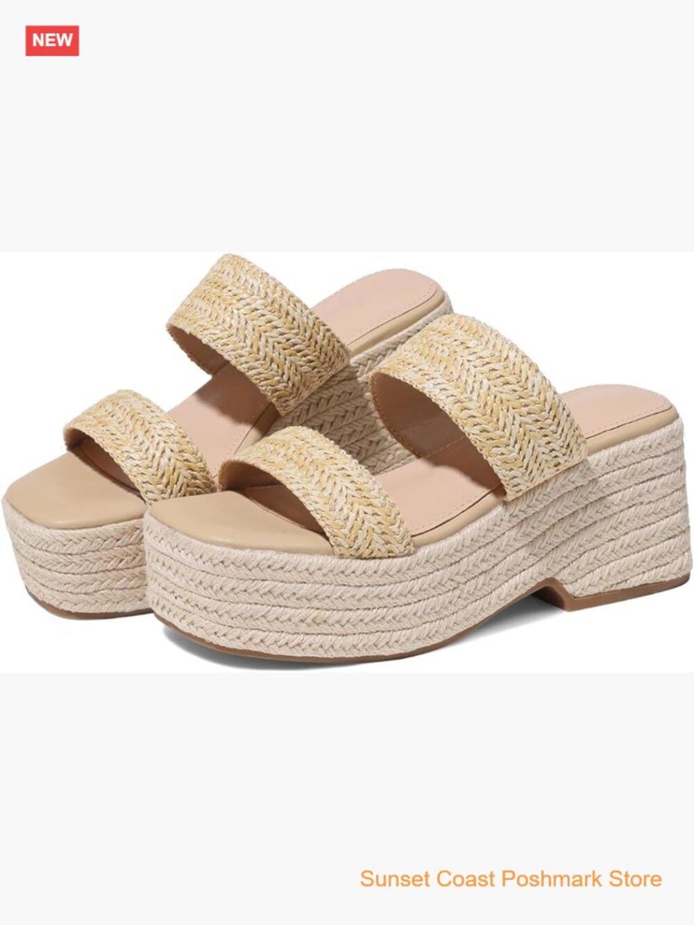Espadrilles Wedges Sandal Slides Slip on Platform Raffia Square Toe Casual